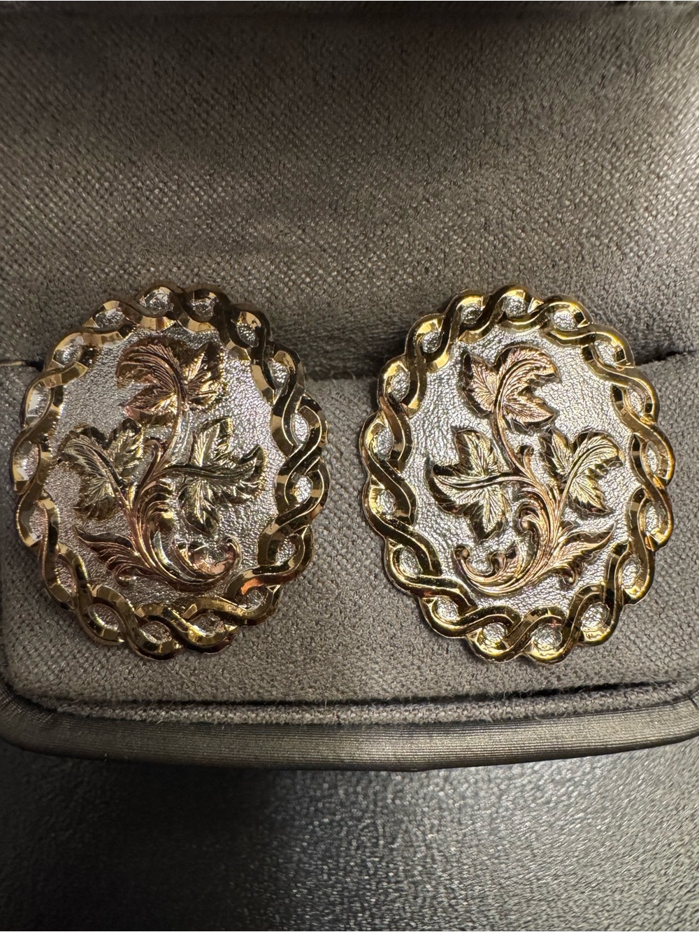 Vintage Floral Engraved Enamel Oval Statement Stud Earrings